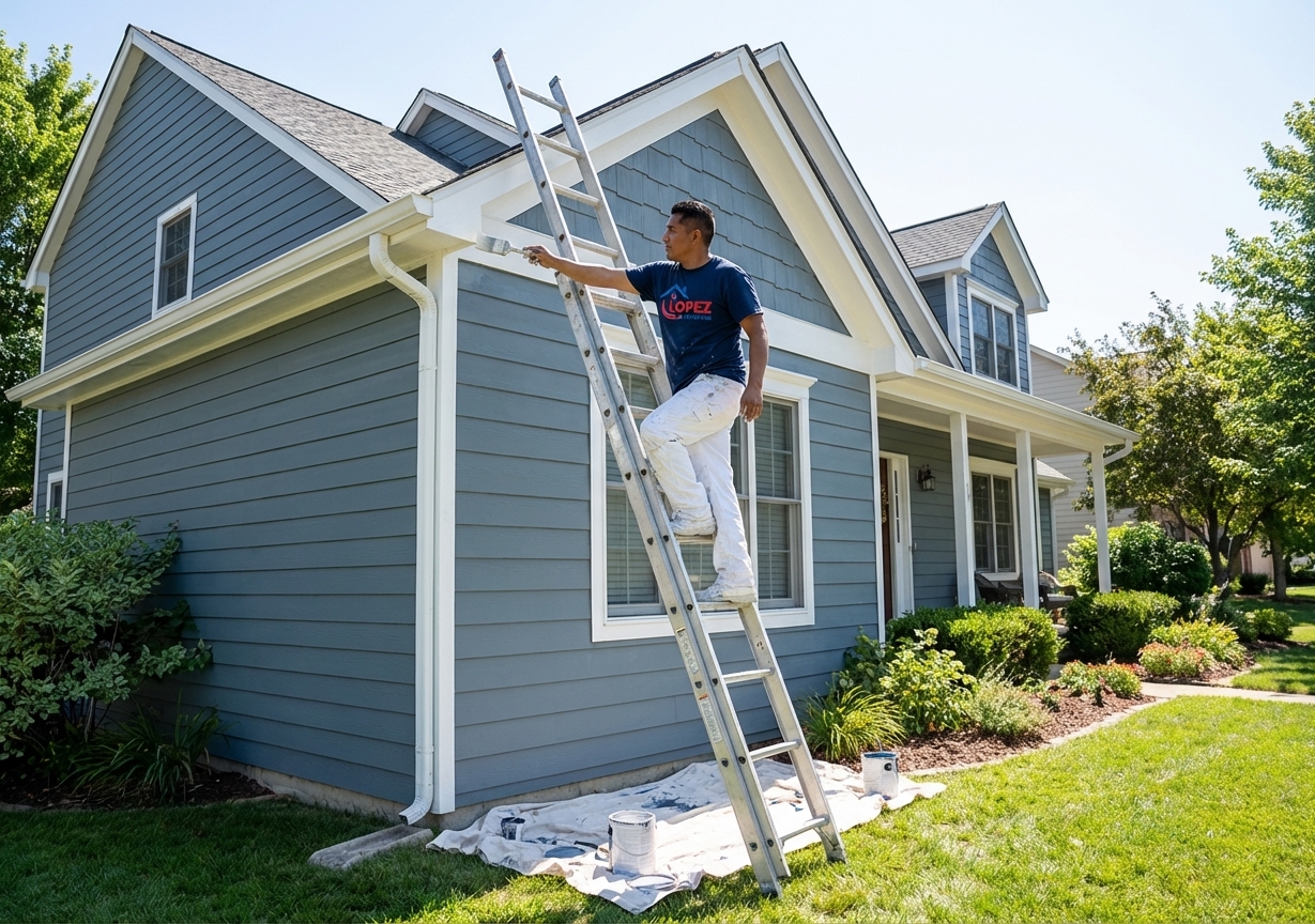 Lopez Painting crew member full body on ladder painting home exterior