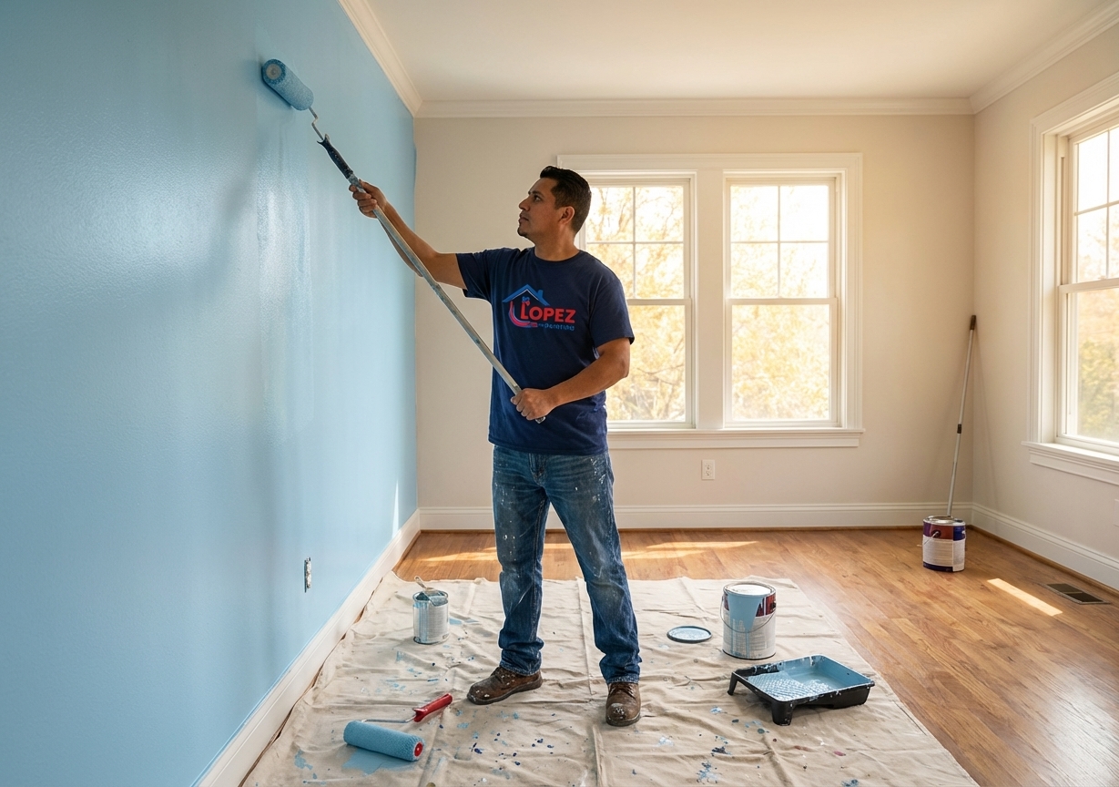 Lopez Painting crew member full body rolling interior wall in room