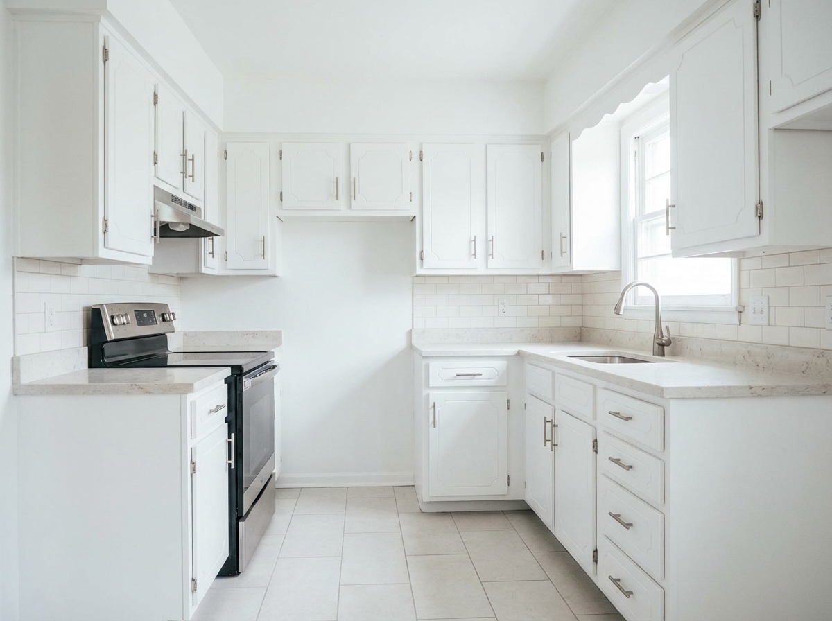 Freshly painted kitchen — white cabinets, clean gray walls