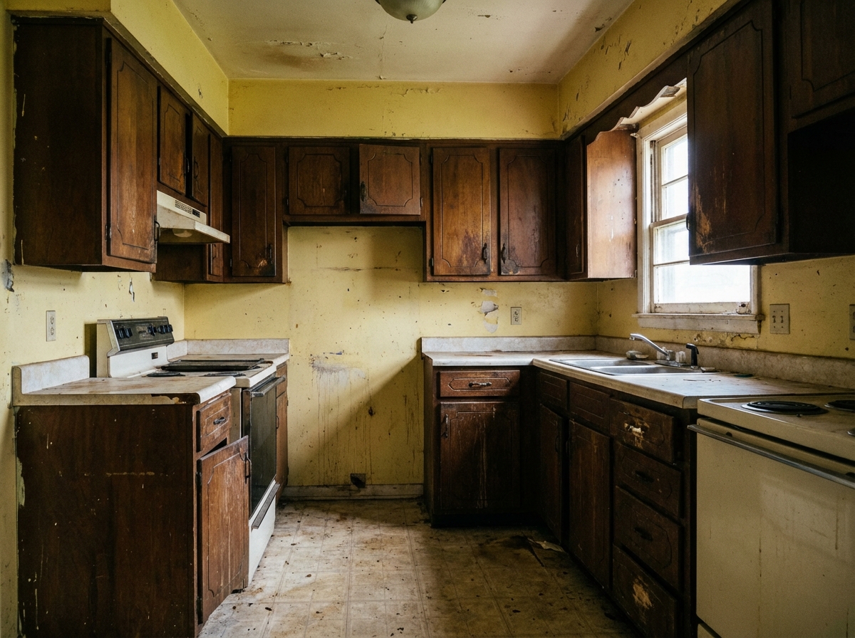 Before — dated kitchen with dark worn cabinets and dingy yellow walls